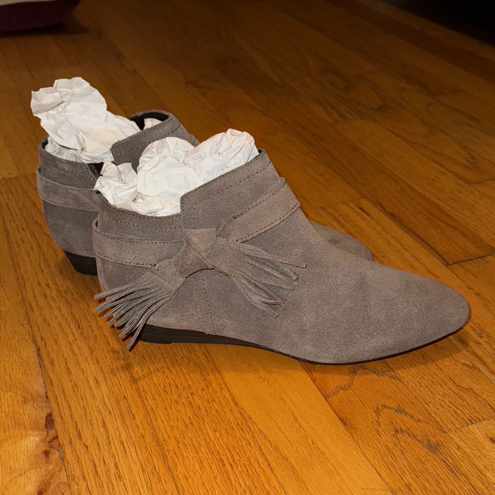 Gray Franco Sarto Suede Ankle Boots with Fringe